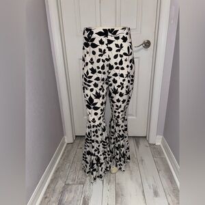 NWT Carolina K Black and White Print Silk Flared Ruffled Pants
